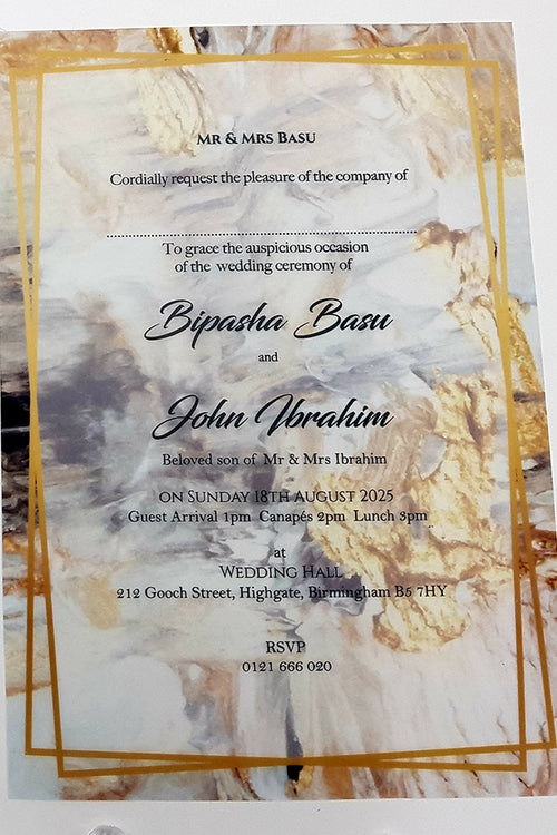 Load image into Gallery viewer, Translucent wedding invitations in gold abstract design on A5 Vellum Paper ABC 1153
