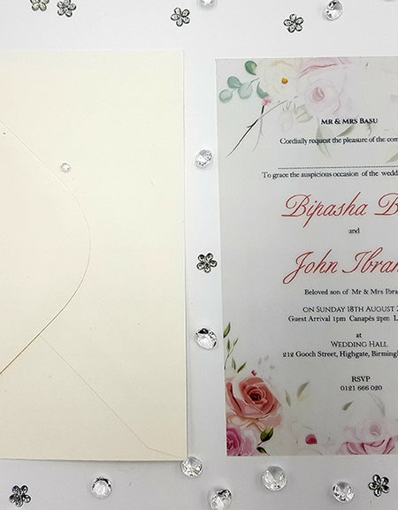 Pink, peach and ivory floral invitations on vellum paper ABC 1155