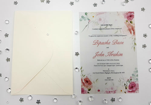Load image into Gallery viewer, Pink, peach and ivory floral invitations on vellum paper ABC 1155
