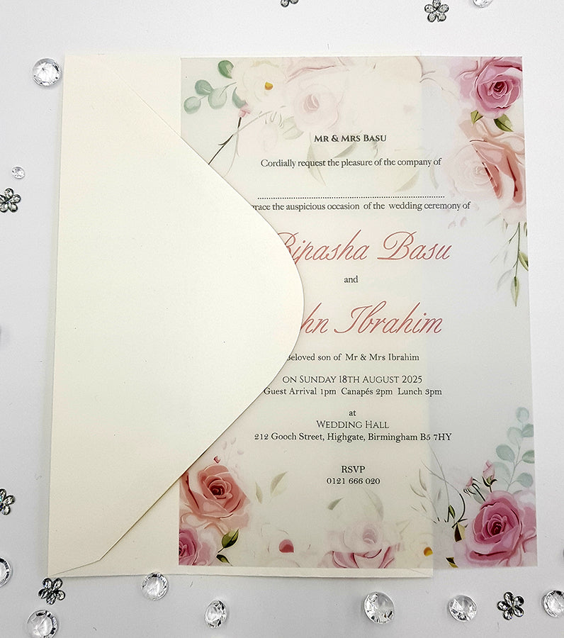 Pink, peach and ivory floral invitations on vellum paper ABC 1155