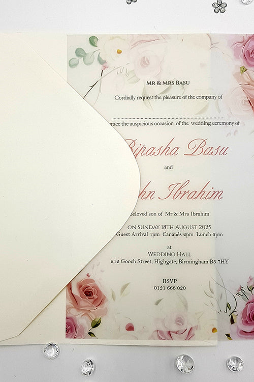 Load image into Gallery viewer, Pink, peach and ivory floral invitations on vellum paper ABC 1155
