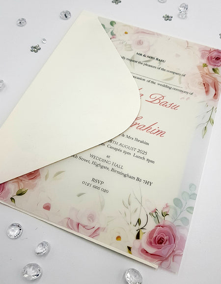 Pink, peach and ivory floral invitations on vellum paper ABC 1155