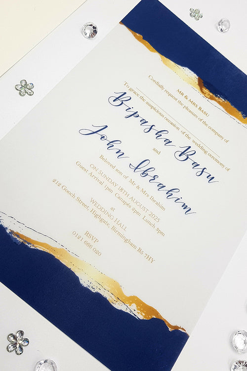 Load image into Gallery viewer, Navy Blue &amp; Gold Agate Translucent Vellum Wedding Invitations ABC 1156
