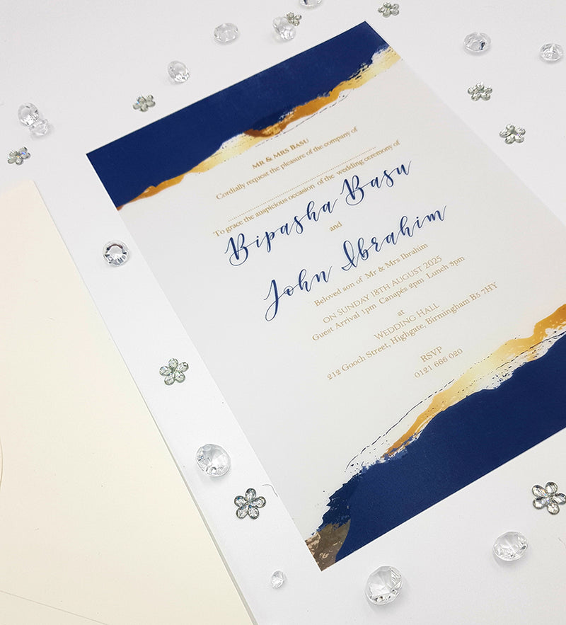 Navy Blue & Gold Agate Translucent Vellum Wedding Invitations ABC 1156