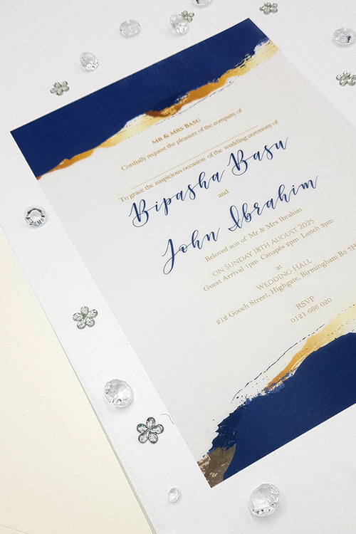 Load image into Gallery viewer, Navy Blue &amp; Gold Agate Translucent Vellum Wedding Invitations ABC 1156

