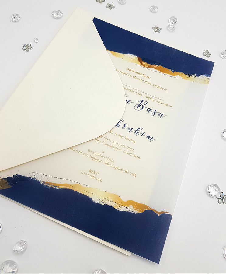 Navy Blue & Gold Agate Translucent Vellum Wedding Invitations ABC 1156