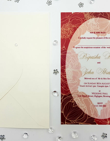 Red and Maroon floral A5 Translucent Vellum Invitation ABC 1157