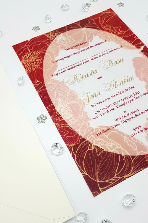Load image into Gallery viewer, Red and Maroon floral A5 Translucent Vellum Invitation ABC 1157
