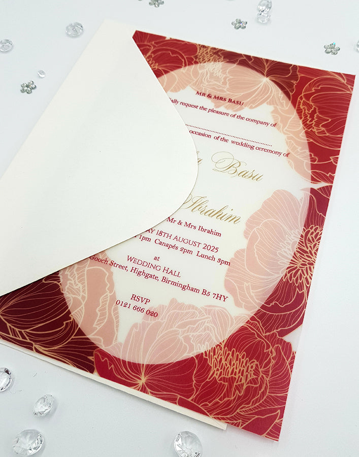 Red and Maroon floral A5 Translucent Vellum Invitation ABC 1157