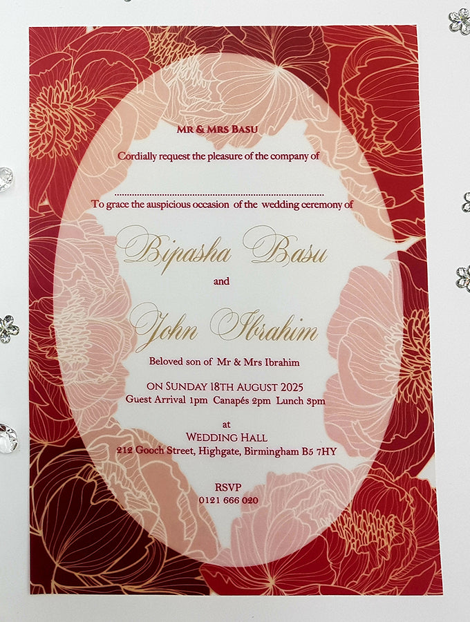 Red and Maroon floral A5 Translucent Vellum Invitation ABC 1157