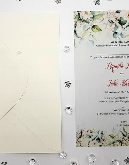Cream and Green flowers Translucent Vellum Invitation ABC 1158