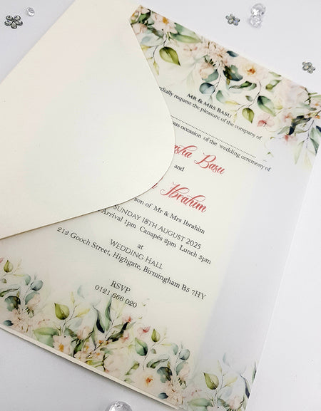 Cream and Green flowers Translucent Vellum Invitation ABC 1158