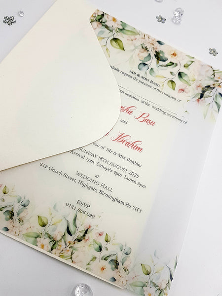 Cream and Green flowers Translucent Vellum Invitation ABC 1158