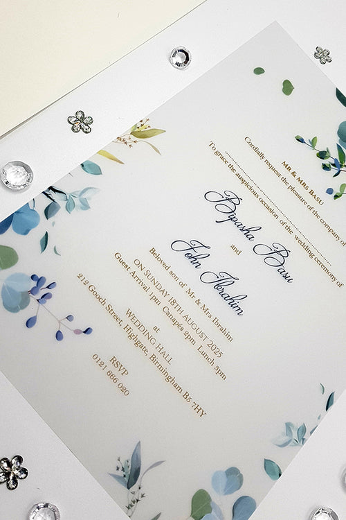 Load image into Gallery viewer, Pale Blue Translucent Floral Vellum Invitation ABC 1159
