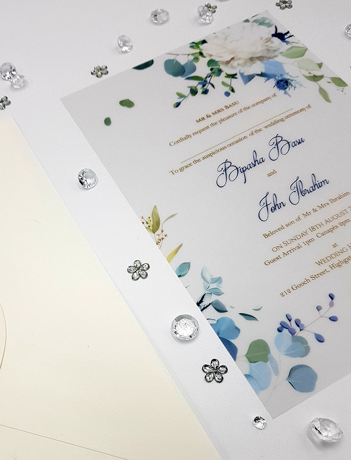 Pale Blue Translucent Floral Vellum Invitation ABC 1159