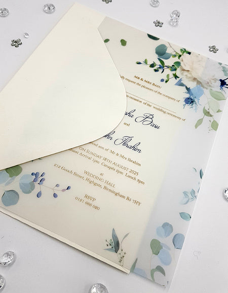 Pale Blue Translucent Floral Vellum Invitation ABC 1159