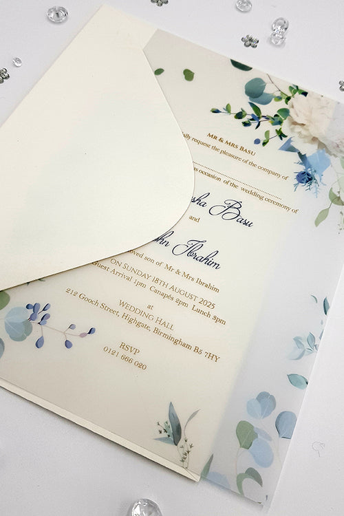 Load image into Gallery viewer, Pale Blue Translucent Floral Vellum Invitation ABC 1159
