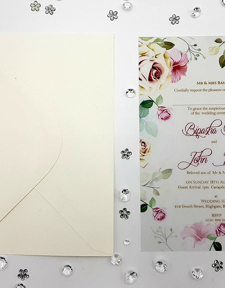 A5 Translucent Pink, peach and green Floral Vellum Invitation ABC 1160