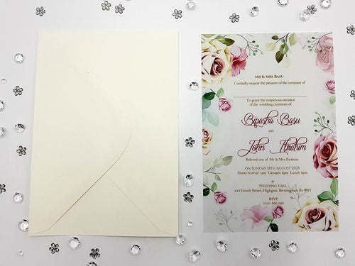 Load image into Gallery viewer, A5 Translucent Pink, peach and green Floral Vellum Invitation ABC 1160
