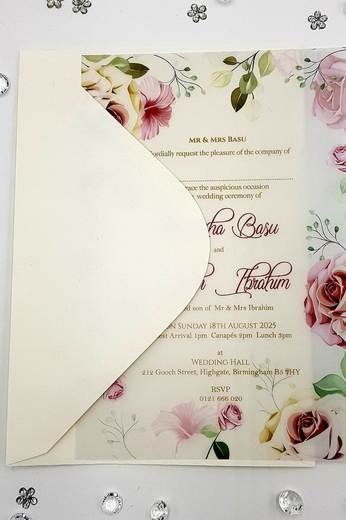 Load image into Gallery viewer, A5 Translucent Pink, peach and green Floral Vellum Invitation ABC 1160
