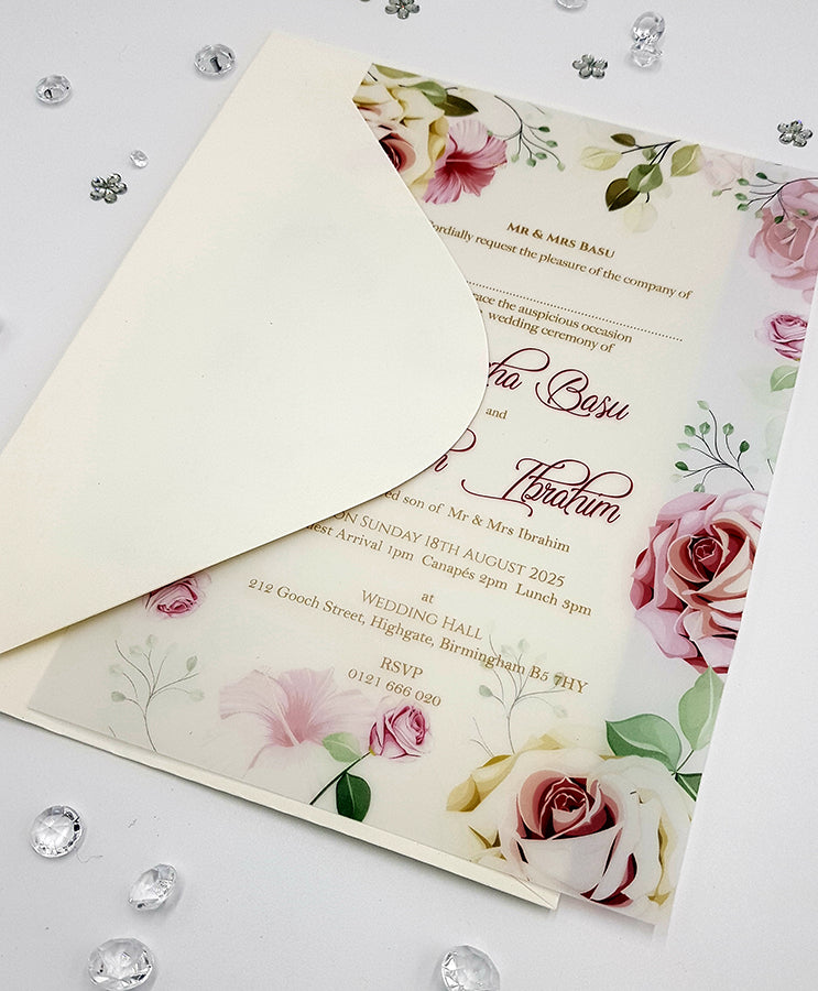 A5 Translucent Pink, peach and green Floral Vellum Invitation ABC 1160