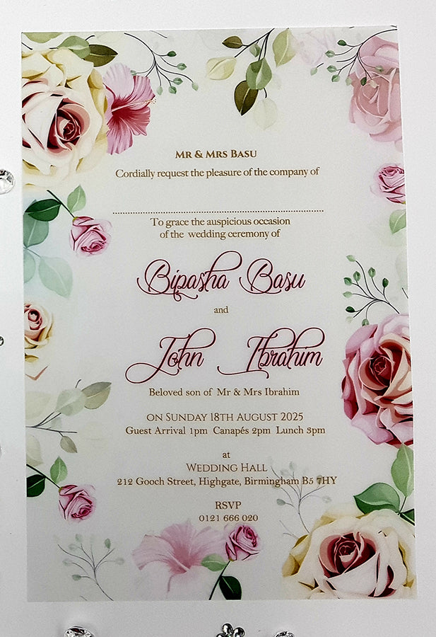 A5 Translucent Pink, peach and green Floral Vellum Invitation ABC 1160