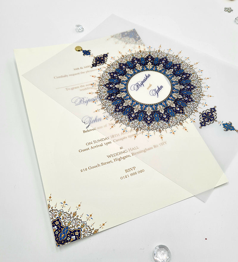 Blue Mandala Design A5 Layered Translucent Vellum Invitation ABC 1163
