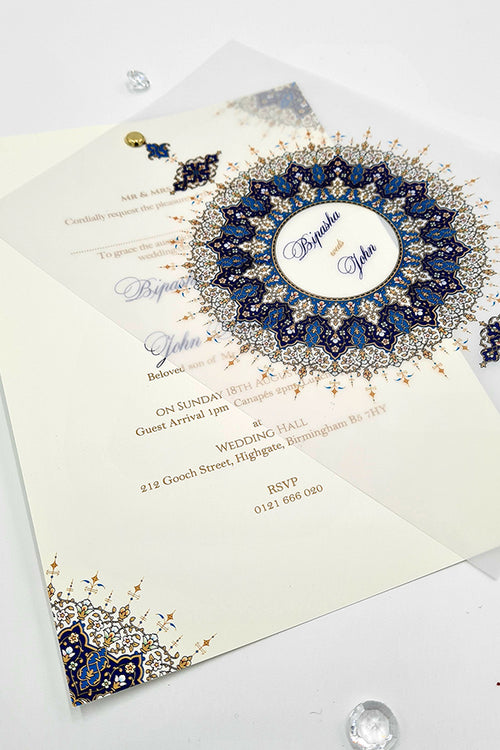 Load image into Gallery viewer, Blue Mandala Design A5 Layered Translucent Vellum Invitation ABC 1163
