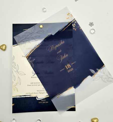 Blue Abstract Design Translucent Vellum Overlay Invitation ABC 1164