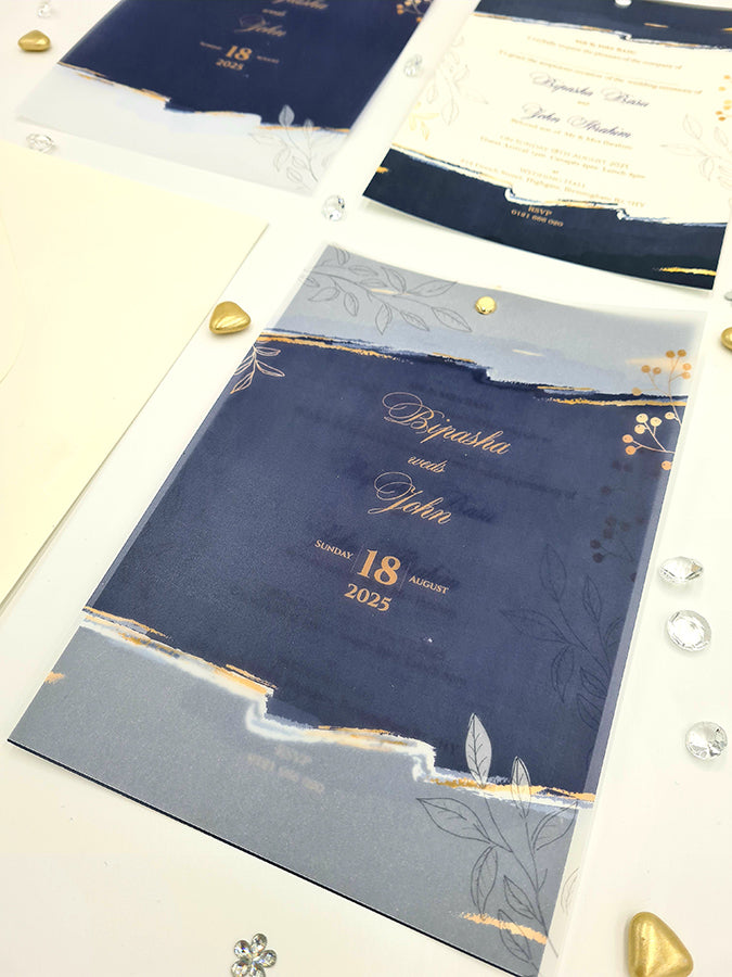 Blue Abstract Design Translucent Vellum Overlay Invitation ABC 1164