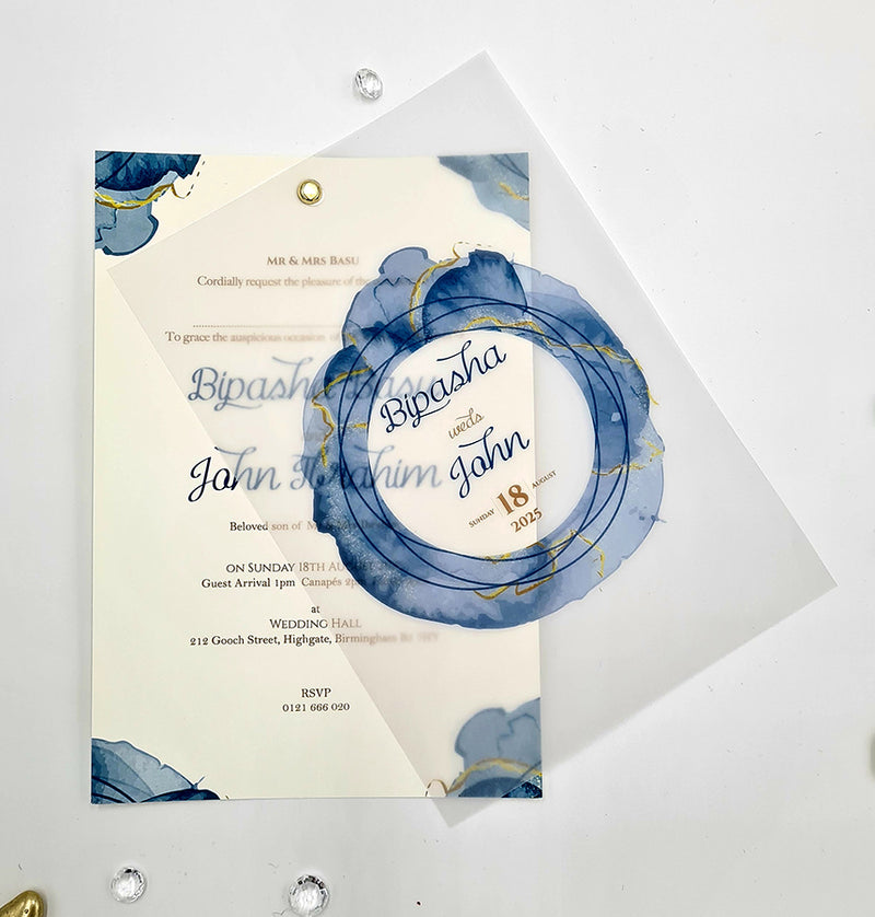 Fluid Marble blue and gold Translucent Floral Vellum Invitation ABC 1165