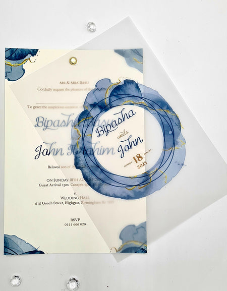 Fluid Marble blue and gold Translucent Floral Vellum Invitation ABC 1165