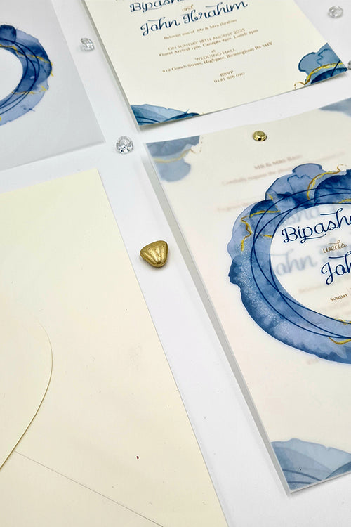 Load image into Gallery viewer, Fluid Marble blue and gold Translucent Floral Vellum Invitation ABC 1165
