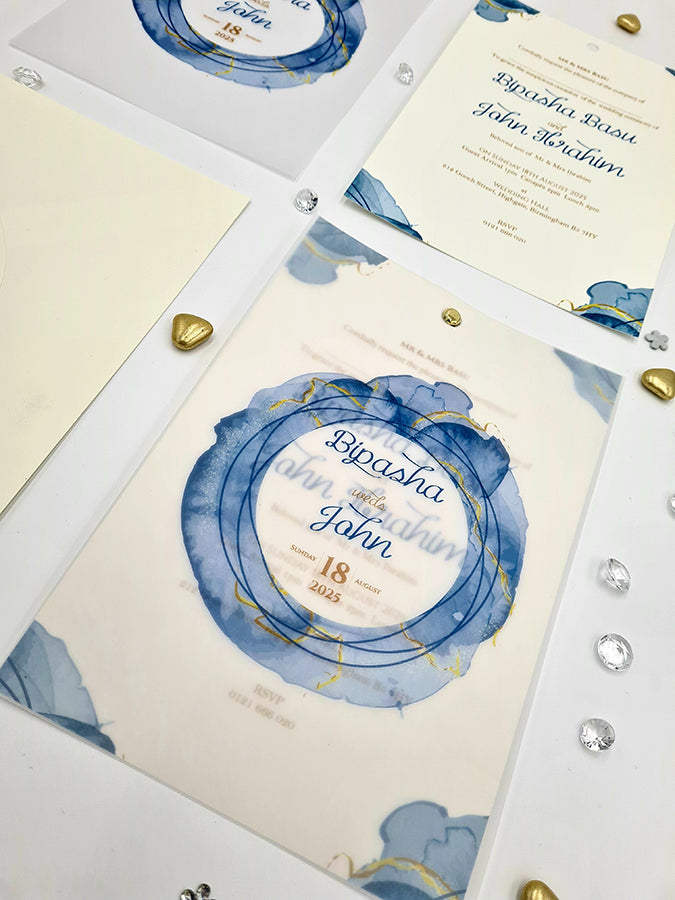 Fluid Marble blue and gold Translucent Floral Vellum Invitation ABC 1165
