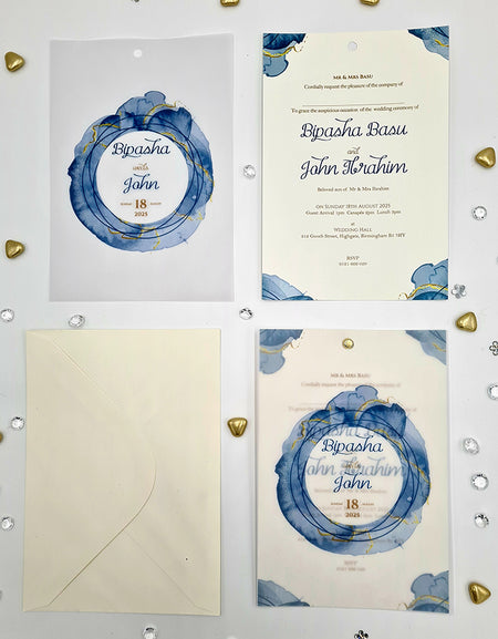 Fluid Marble blue and gold Translucent Floral Vellum Invitation ABC 1165