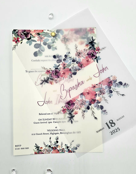 Front view of ABC 1166 A5 Watercolor Translucent Floral Invitation, showcasing hand-drawn pink and grey flowers on a vellum overlay, creating a soft and artistic design