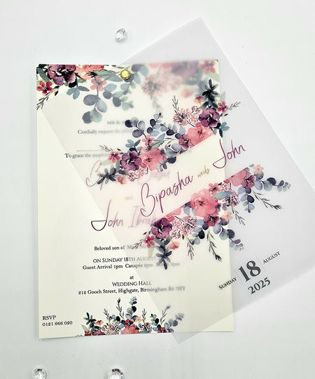 Front view of ABC 1166 A5 Watercolor Translucent Floral Invitation, showcasing hand-drawn pink and grey flowers on a vellum overlay, creating a soft and artistic design