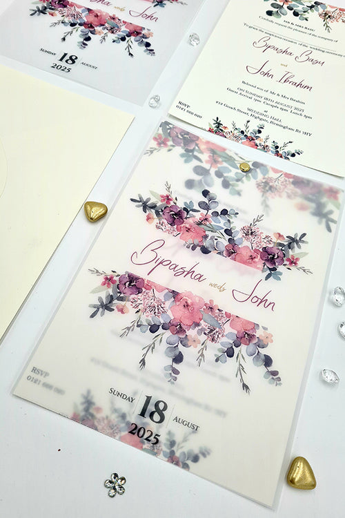 Load image into Gallery viewer, Watercolour Translucent Floral Vellum Overlay Invitation ABC 1166
