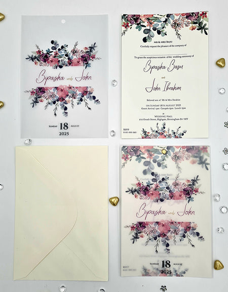 Open view of ABC 1166 Invitation, revealing the pink and grey watercolor floral design and event details under the translucent vellum overlay, perfect for weddings and formal events