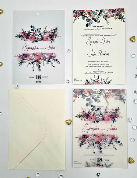 Open view of ABC 1166 Invitation, revealing the pink and grey watercolor floral design and event details under the translucent vellum overlay, perfect for weddings and formal events