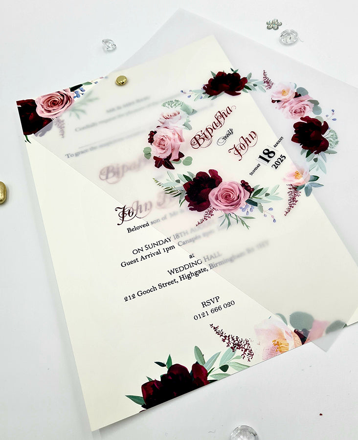 Burgundy and pink Translucent Floral Vellum Invitation ABC 1167