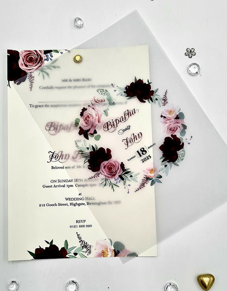 Burgundy and pink Translucent Floral Vellum Invitation ABC 1167