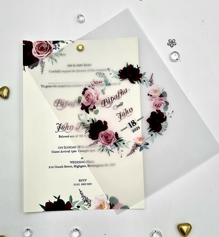 Burgundy and pink Translucent Floral Vellum Invitation ABC 1167