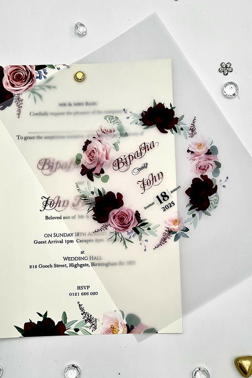 Load image into Gallery viewer, Burgundy and pink Translucent Floral Vellum Invitation ABC 1167
