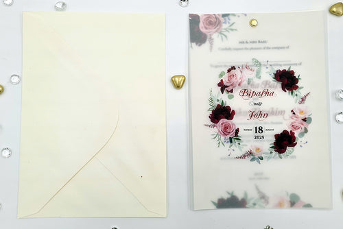 Load image into Gallery viewer, Burgundy and pink Translucent Floral Vellum Invitation ABC 1167
