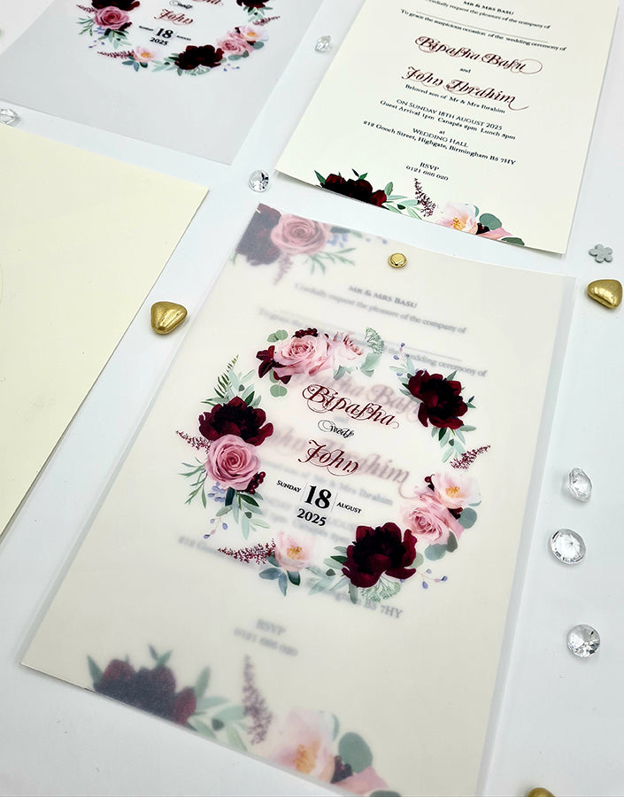 Burgundy and pink Translucent Floral Vellum Invitation ABC 1167