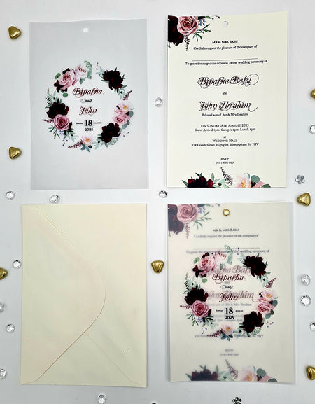 Burgundy and pink Translucent Floral Vellum Invitation ABC 1167