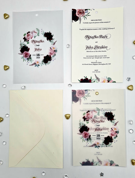 Burgundy and pink Translucent Floral Vellum Invitation ABC 1167