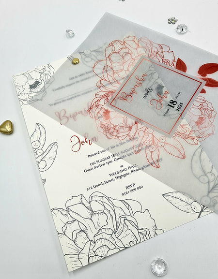 Red Floral Illustration Translucent Vellum Invite ABC 1168