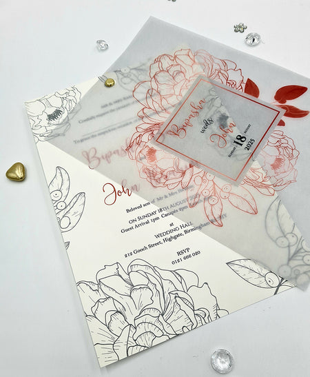 Red Floral Illustration Translucent Vellum Invite ABC 1168